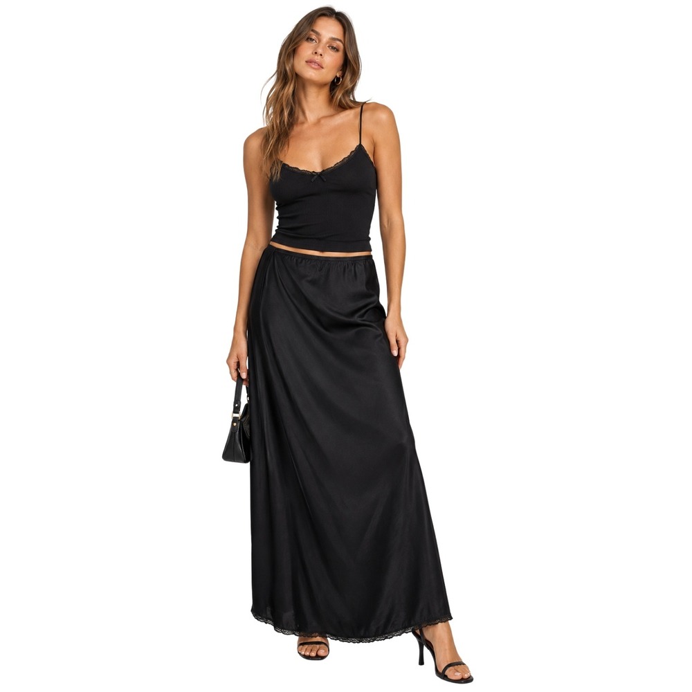 Vintage Vanity Fair Maxi Slip Skirt Black Lace Trim Thigh Slit Made in USA Small